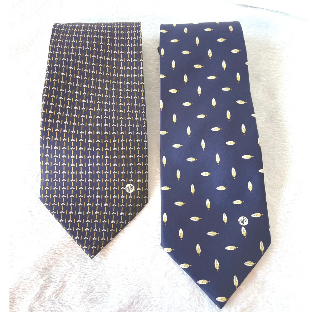 Versace Mens Tie Lot of 2 OS Silk Navy Blue Geometric Feather V2 Italy